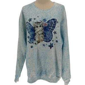 Unbranded Vintage Crew Neck Sweatshirt w/ Blue Design & Glittery Kitten (Size L)